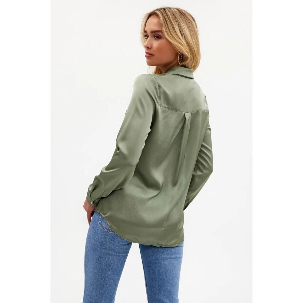 Women Satin Button Down Shirt Silk Long Sleeve Business Office Blouse - Picture 4 of 5